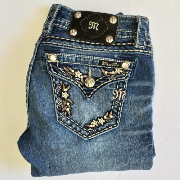 Miss Me Denim - Miss Me Signature Boot Rise Jeans Sz 25 Floral Border Pocket JP5586B Med 163